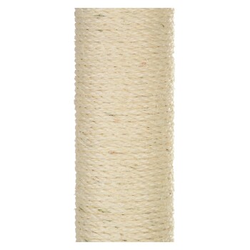 Nahaufnahme eines natürlichen Sisalseils, das häufig für Katzenkratzbäume verwendet wird, und seine strukturierte Oberfläche und helle Farbe zeigt.