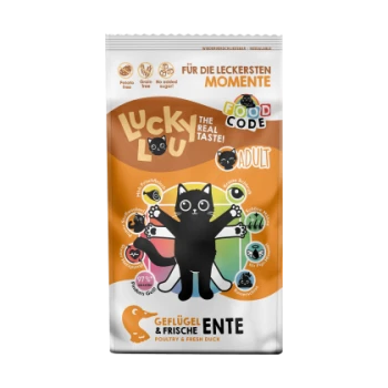 Zak Lucky Lou volwassen kattenvoer met een cartoon zwarte kat, met tekst die 'De echte smaak!' en 'Vogels & Verse Eend' benadrukt.