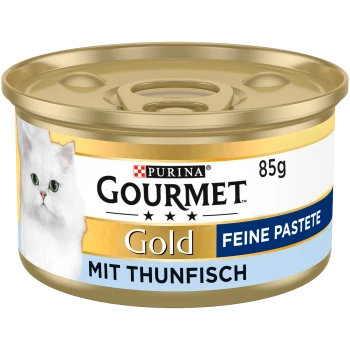 Puszka karmy dla kota Purina Gourmet Gold, 85g, smak tuńczyka, z obrazem białego kota i tekstem „Feine Pastete Mit Thunfisch”.