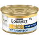 Purina Gourmet Gold Katzenfutterdose, 85g, Thunfischgeschmack, mit weißem Katzenbild und Text „Feine Pastete Mit Thunfisch“.