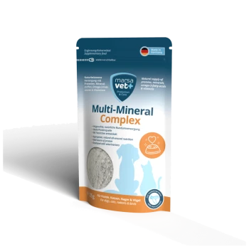 Marsavet+ Multi-Mineral-Komplex für Haustiere in einer Verpackung, die graues Pulver und Text über natürliche Ernährung für Hunde, Katzen, Nagetiere und Vögel zeigt.