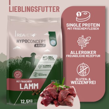 REAVET HypoConcept Adult Hundefutterbeutel 'Mit frischem Lamm' 12,5 kg, rohes Lamm; Single-Protein, allergen- und glutenfrei.
