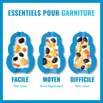 Trois moules à friandises bleus en forme d'os avec yaourt et croquettes, texte visible : « ESSENTIELS POUR GARNITURE, FACILE MOYEN DIFFICILE ».