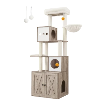 Katzenbaum mit mehreren Ebenen, Kratzpfosten und gemütlichen Plätzen, mit zwei hängenden Spielzeugen und einem Stauraum am Fuß.