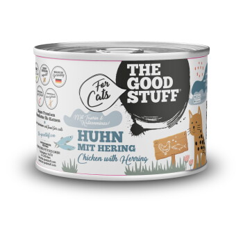 Katzendose mit der Aufschrift 'THE GOOD STUFF' und 'For Cats' mit 'HUHN MIT HERING' (Chicken with Herring) und Katzenillustration