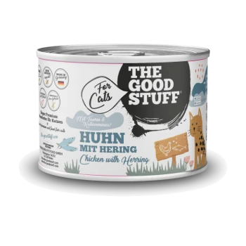 Katzendose mit der Aufschrift 'THE GOOD STUFF' und 'For Cats' mit 'HUHN MIT HERING' (Chicken with Herring) und Katzenillustration