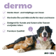 Ein Hund und eine Katze liegen zusammen, mit Text, der die Haut- und Fellpflege "dermo", Vorteile und Premiumqualität für alle Rassen und Altersgruppen hervorhebt.