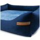 Marineblaues Haustierbett mit einem weichen hellblauen Zentrum und einem Lederschild mit der Aufschrift "RexProduct.com."