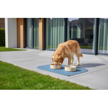 Golden Retriever, der aus einer beigen Schüssel auf einer blauen Matte vor einem modernen Haus mit Glastüren frisst.