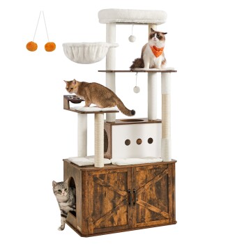 Kratzbaum Katzenklo-Schrank erhöhte Fressnäpfe braun