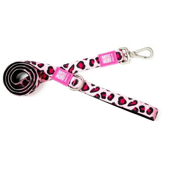 Rosa-schwarze Hundeleine mit Leopardenmuster, Metallclip und "Max & Molly Urban Pet" Etikett.