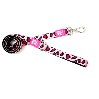 Rosa-schwarze Hundeleine mit Leopardenmuster, Metallclip und "Max & Molly Urban Pet" Etikett.