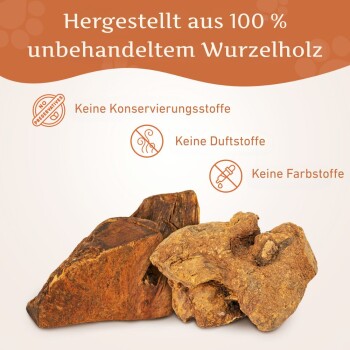 Zwei Stücke unbehandeltes Wurzelholz mit dem Text: "Keine Konservierungsstoffe, Keine Duftstoffe, Keine Farbstoffe."