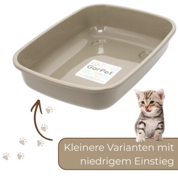 Beige GarPet-Kunststoff-Katzentoilette mit Etikett, Pfeil und Kätzchen; sichtbarer Text „Kleinere Varianten mit niedrigem Einstieg“
