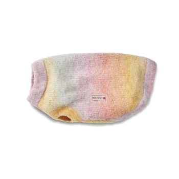 Flauschiger Haustierpullover in Pastellregenbogenfarben mit Armausschnitt und kleinem 'WOLTERS'-Etikett.
