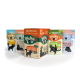 Bunte "Lucky Lu" Haustierfutterausstellung mit einer Wild Mix-Box und vier Beuteln, die jeweils verspielte Katzenillustrationen und deutsche Geschmacksbezeichnungen zeigen.