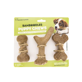 Bamboodles Puppy Chews pack featuring three durable teething chews made from bamboo and nylon, with a chicken flavor.