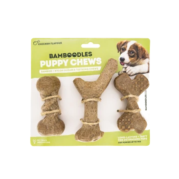 Bamboodles Puppy Chews pack featuring three durable teething chews made from bamboo and nylon, with a chicken flavor.