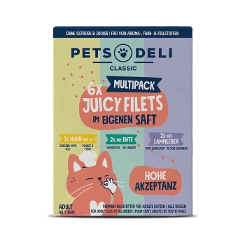 Pets Deli Classic Katzenfutter-Box: '6x Juicy Filets im eigenen Saft', Sorten Huhn, Ente und Lammleber, Cartoon-Katze