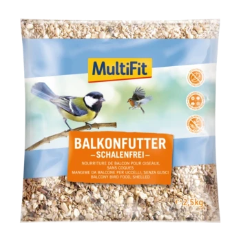 MultiFit balcony bird food, 2.5 kg, featuring a shelled grain mix, with images of a great tit and a robin on the packaging.