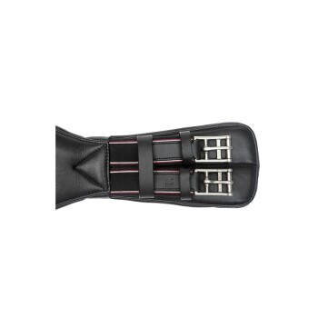 Schwarzer Lederpferdegurt mit silbernen Schnallen und elastischen Riemen, mit roter und weißer Naht.