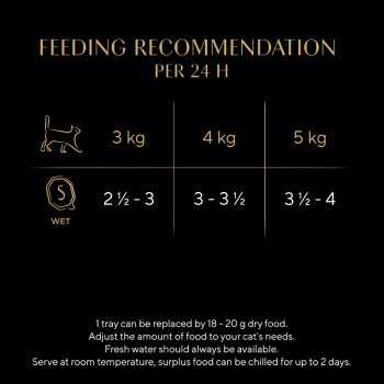Feeding recommendation chart for cats, detailing wet food portions for 3 kg (2½-3 trays), 4 kg (3-3½ trays), and 5 kg (3½-4 trays) cats.