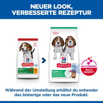 Hill's Science Plan Welpenfutter alte und neue Verpackung, deutscher Text 'NEUER LOOK, VERBESSERTE REZEPTUR' und ActivBiome+-Abzeichen