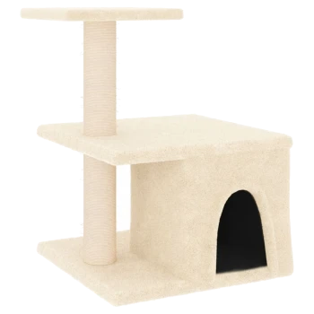 Ein beiger Katzenbaum mit zwei Plattformen, einem Kratzbaum und einem gemütlichen Versteck unten.