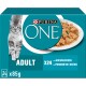 Verpackung von Purina ONE Katzenfutter mit einer flauschigen grauen Katze, beschriftet mit "ADULT", enthält 24 x 85g Portionen Meeresfrüchte.