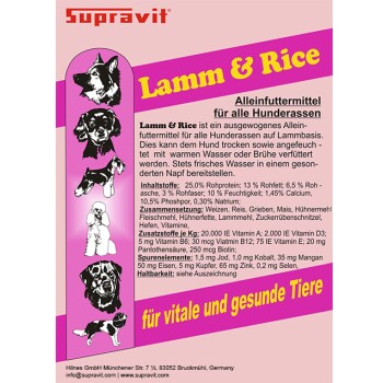 Supravit Heimtierergänzungsetikett mit deutschem Text „Für vitale und gesunde Tiere“ und Silhouetten einer Person mit Hund sowie eines Hundes neben einem Napf.