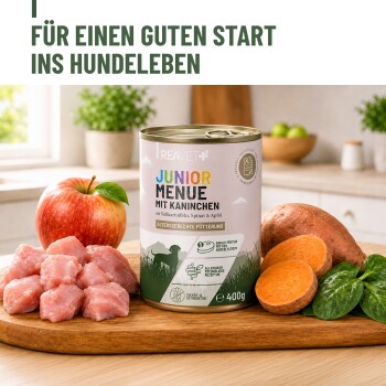 Dose mit Aufschrift JUNIOR MENUE MIT KANINCHEN mit rohem Kaninchen, Apfel und Süßkartoffel; Text 'FÜR EINEN GUTEN START INS HUNDELEBEN'.