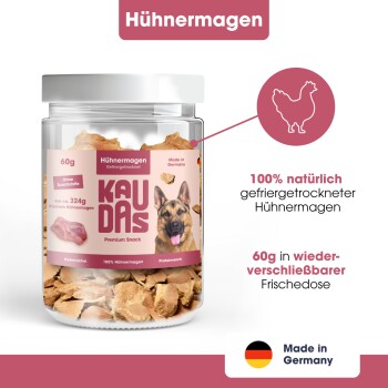 Bild von Haustierfutter mit rohen Hühnermägen, beschriftet mit '100% Hühnermagen', mit '0g' Zucker und 'Ideal für Training & Belohnung.'