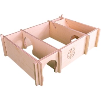 Holzspielhaus für Haustiere mit mehreren Fächern und Bögen, mit einem Logo, das einen Hasen und Sterne zeigt.