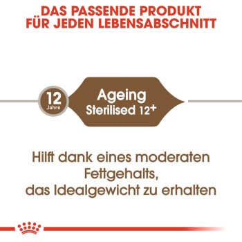 Tierfutteretikett für "Alternde Sterilisierte 12+" für Haustiere ab 12 Jahren, das ein ideales Gewicht mit moderatem Fettgehalt fördert.