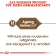 Tierfutteretikett für "Alternde Sterilisierte 12+" für Haustiere ab 12 Jahren, das ein ideales Gewicht mit moderatem Fettgehalt fördert.