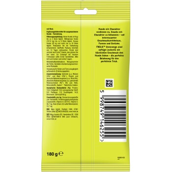 FROLIC Hundesnacks mit Rindfleisch, 180g Packung. Enthält Protein, Fett und Mineralien. Empfohlene Fütterungsrichtlinien für verschiedene Hundgrößen.