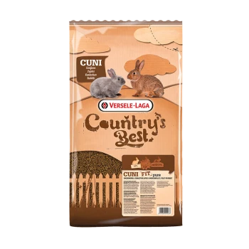 Un sac de nourriture pour lapins Versele-Laga "Country's Best" avec une illustration de lapin gris et marron, avec des détails nutritionnels sur le devant.