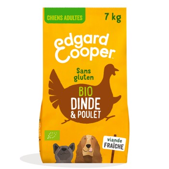 Sac de nourriture pour chien de la marque Edgard Cooper, 7 kg, sans gluten, avec de la dinde et du poulet bio, illustré avec des images de poulet et de chien.
