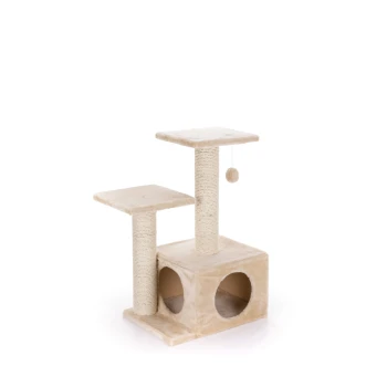 Katzenbaum mit zwei Plattformen, einem Kratzbaum und einem gemütlichen Versteck, alles aus weichem beigem Stoff. Ein hängendes Pom-Pom-Spielzeug ist sichtbar.