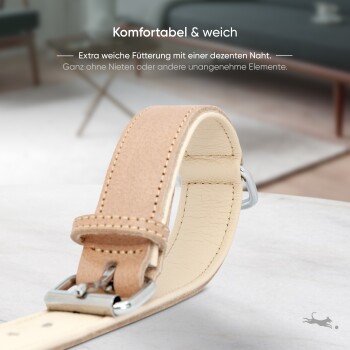 Nahaufnahme eines weichen, beigen Haustierhalsbands mit einer silbernen Schnalle, mit Text, der 'Komfortabel & weich' liest und Details über die extra weiche Polsterung enthält.
