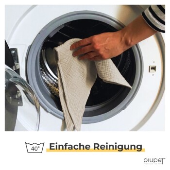 Eine Hand, die ein beiges Tuch in eine Waschmaschine legt, mit dem Text "Einfach Reinigung" und einem Waschsymbol, das 40°C anzeigt.