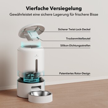 Haustierfutterbehälter mit einem Drehverschluss, ausgestattet mit einem feuchtigkeitsabsorbierenden Beutel, Silikon-Dichtungsstreifen und patentiertem Rotor-Design.