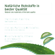 Helle türkisfarbene Hintergrund mit Text zu natürlichen Zutaten für Haustierprodukte, der Aloe Vera hervorhebt und frei von Parfümen, Farbstoffen und Mikroplastik ist.