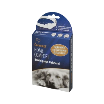 Canosept HOME COMFORT Beruhigungs-Halsband-Packung mit ruhendem Hund und dem Text Wohlbefinden und Entspannung für Ihren Hund.