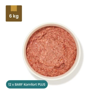 Verpackung von gefrorenem Hundefutter mit der Aufschrift 'Barf Komfort PLUS Huhn' mit einem Nettogewicht von 500 g, mit Zutaten und Nährwertinformationen auf der Rückseite.