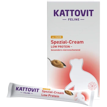 Kattovit Feline Spezial-Cream Low Protein Katzenleckerliverpackung, mit einem Löffel mit cremiger Textur und einer Silhouette einer Katze.