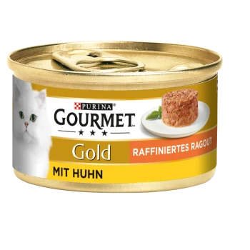 Eine Dose Purina Gourmet Gold Katzenfutter mit einer weißen Katze auf dem Etikett, mit dem Text "Raffiniertes Ragout mit Huhn" deutlich angezeigt.