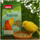 Eine bunte Tüte Panto Kanarienvogel-Futter mit einem roten und gelben Kanarienvogel, mit einer Schüssel voller Samen davor.