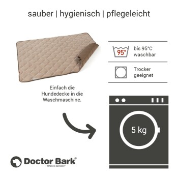 Beige gestepptes Hundedecke mit Eigenschaften: "sauber | hygienisch | pflegeleicht", maschinenwaschbar bis 95°C. Marke: Doctor Bark.