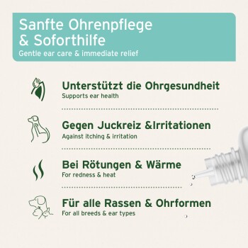 Sanftes Ohrpflegeprodukt für Haustiere, das Vorteile hervorhebt: unterstützt die Ohrgesundheit, lindert Juckreiz, Rötung und ist für alle Rassen geeignet.